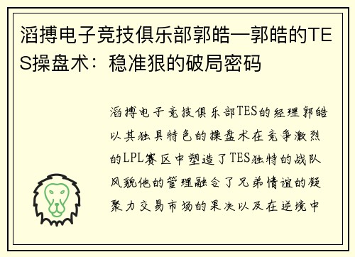 滔搏电子竞技俱乐部郭皓—郭皓的TES操盘术：稳准狠的破局密码